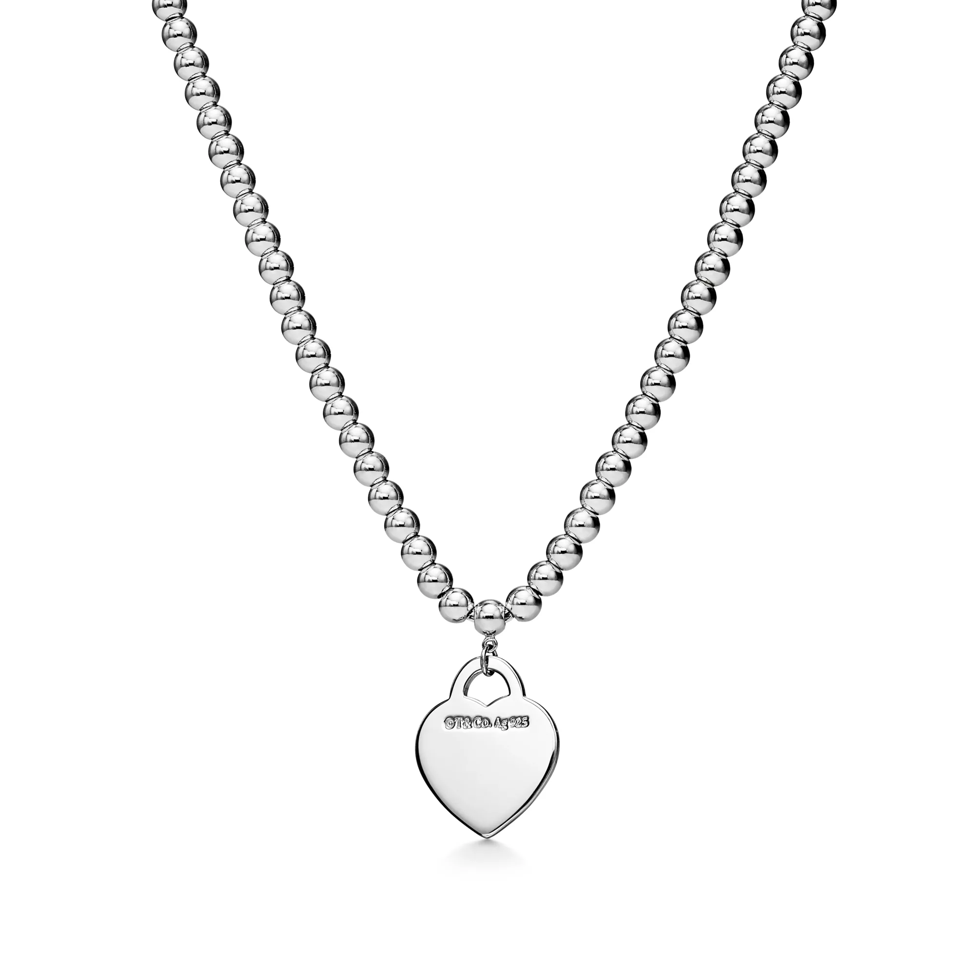 Tiffany Replica Heart Tag Bead Necklace in Silver with a Diamond, Small Back