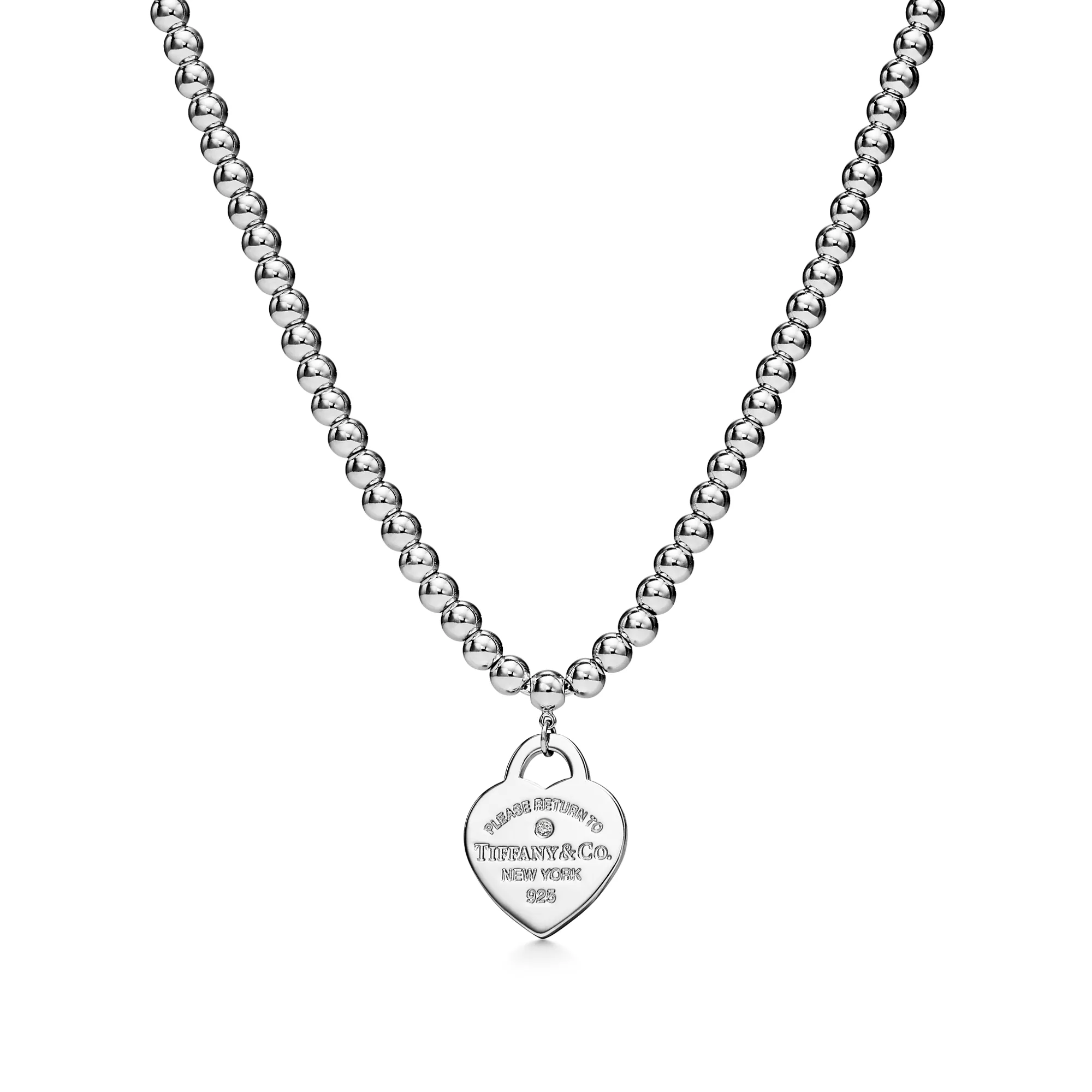 Tiffany Replica Heart Tag Bead Necklace in Silver with a Diamond, Small